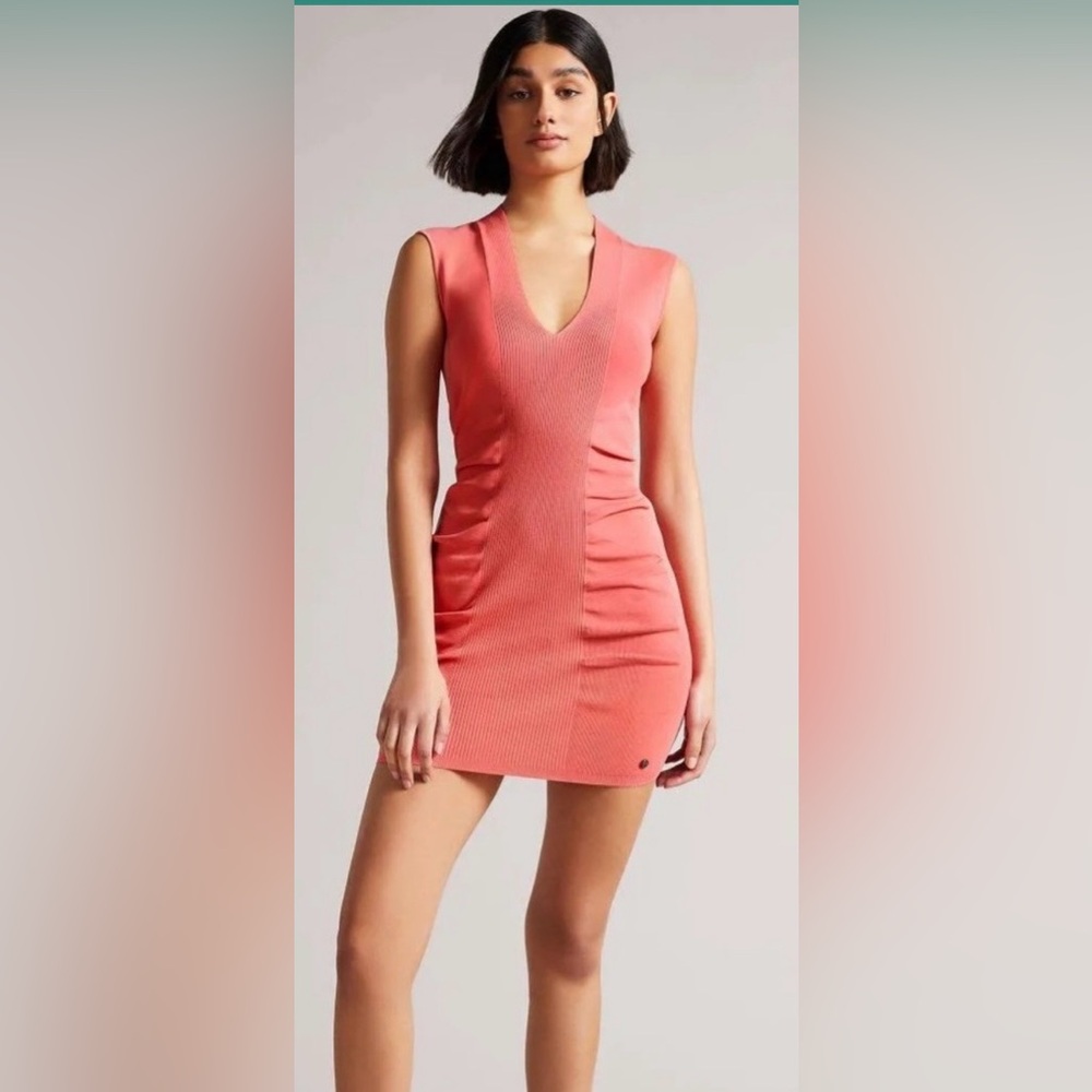 Ted Baker London Novari Coral Ruched Bodycon Dress Sleeveless Size 3/US 8 or 10